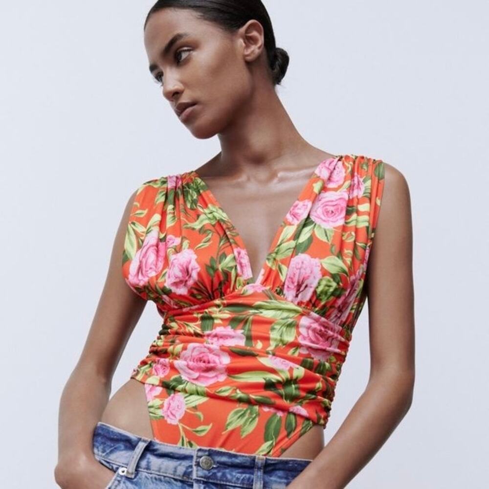 ZARA Floral Plunge Side Ruched Bodysuit Red Small S
